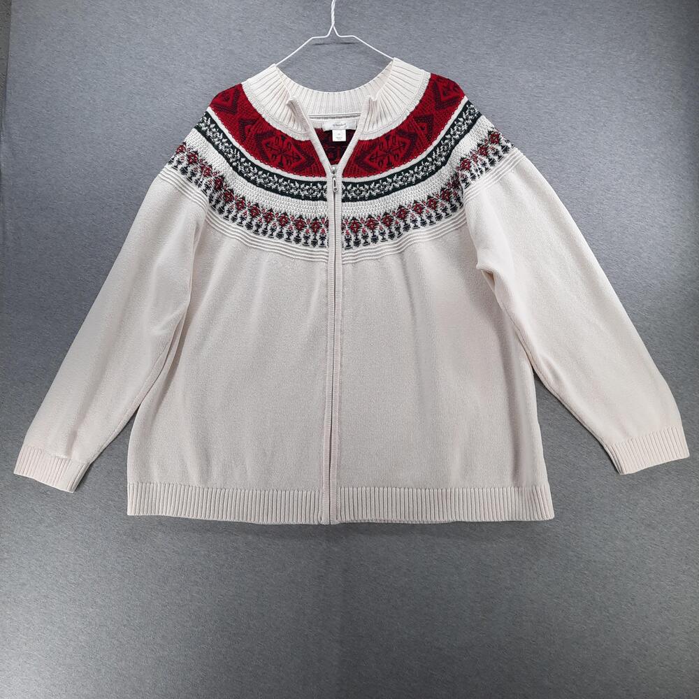 CJ Banks Sweater Cardigan Womens 3X Off White Fair Isle Full Zip Christmas Knit